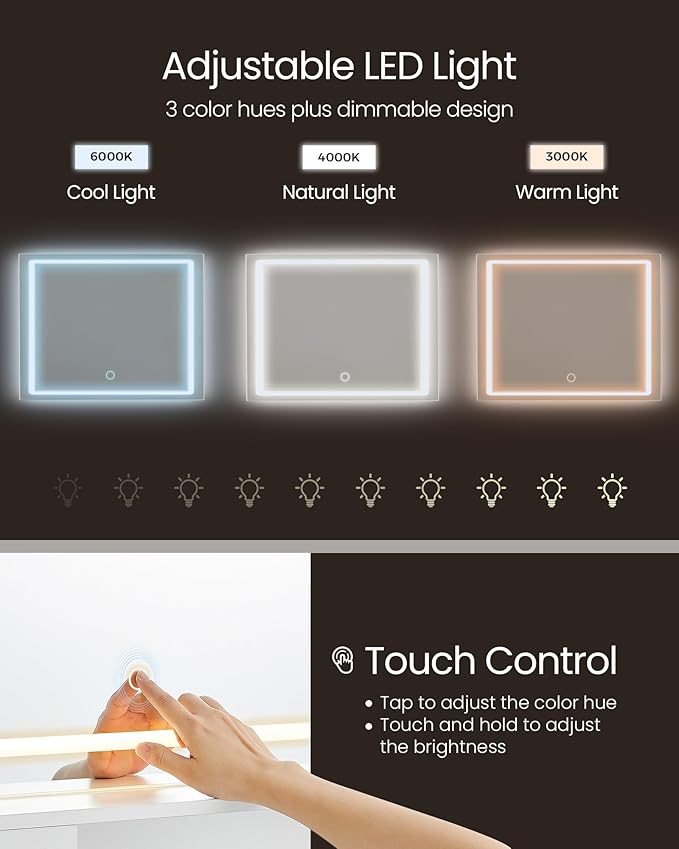 VASAGLE KAILYN Collection - 43.3-Inch Wide Vanity Desk with Mirror and Lights, Power Outlets, Vanity Table Set with Stool, Jewelry Storage, Adjustable Shelves, for Bedroom, Cloud White URDT632W02