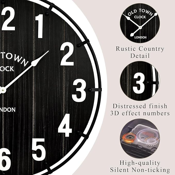 Large Old Town Farmhouse Black Wall Clock 30 Inch Rustic Antique Wood with Metal Circle and Large Numerals Silent Battery Operated Wall Clock for Office Kitchen Bedroom Living Room