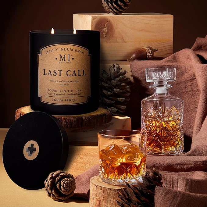 Manly Indulgence Last Call Scented Candles for Men, 2 Wick, 16.5 oz, Premium Soy Blend Wax, 60H Burn, Candles for Home Scented - Made in The USA