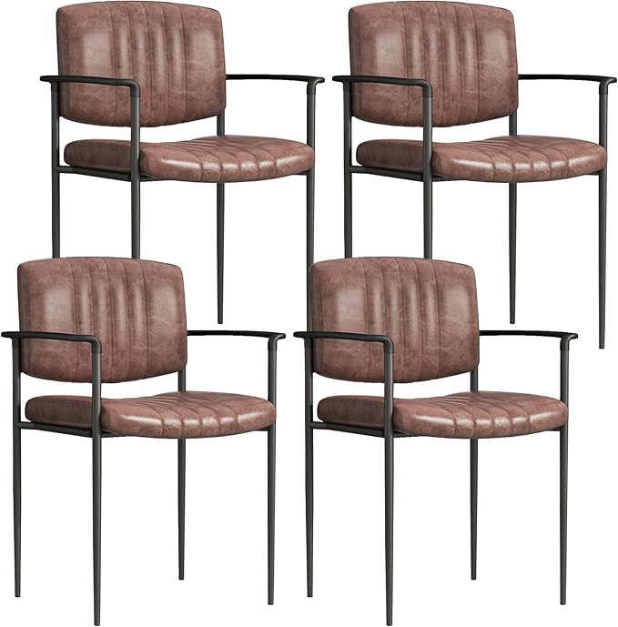 Mid-Century Modern PU Leather Dining Chairs Set of 4, Upholstered Kitchen Chairs with Arms and Metal Legs Adjustable Feet for Kitchen Dining Room(Brown)