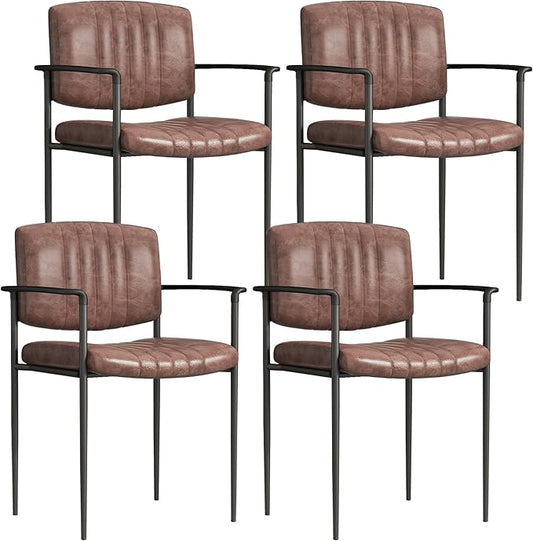 Mid-Century Modern PU Leather Dining Chairs Set of 4, Upholstered Kitchen Chairs with Arms and Metal Legs Adjustable Feet for Kitchen Dining Room(Brown)