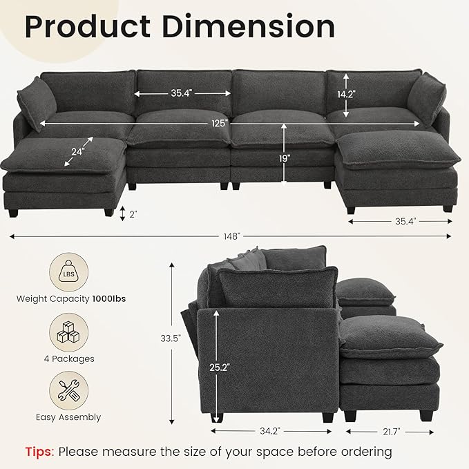 ROWHY Oversized Modular Sectional Couch with 2 Movable Ottoman, 148" Modern Convertible U Shaped Sofa Set, 4 Seat Comfy Cloud Couch with 2 Throw Pillows, for Living Room, Chenille, Charcoal Grey