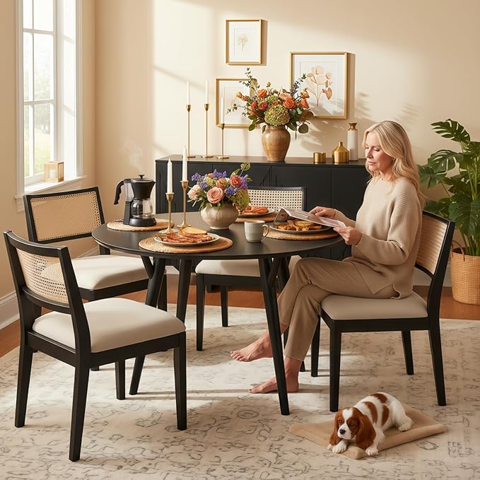 HULALA HOME Rattan Dining Chairs Set of 2, French Solid Wood Kitchen Dining Room Chairs with Curved Back, Upholstered Accent Dinner Cane Chair for Living Room Restaurant, Black