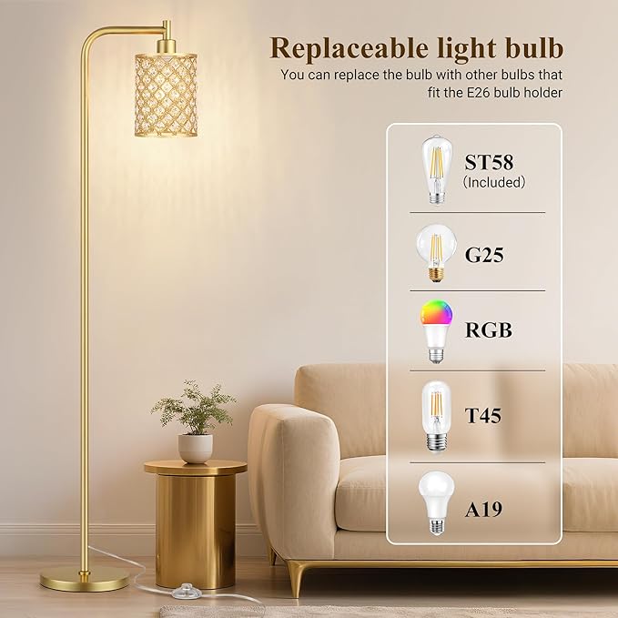 QiMH Industrial Floor Lamp for Living Room, Modern Standing Lamp with Crystal Lampshade Pedal Switch, 67” Tall Lamp for Bedroom Study Room, Gold(2700K LED Bulb Included)