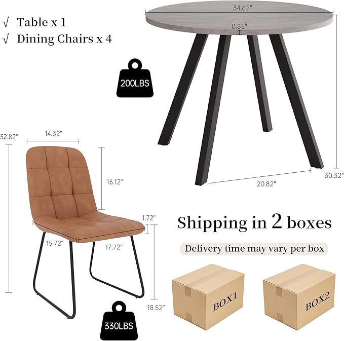 34.6'' Dining Table and Chairs for 4, Mid Century Modern Round Table Set, Space Saving for Apartment Kitchen Dining Room (Grey Table+4 U-Shaped Brown Chairs)