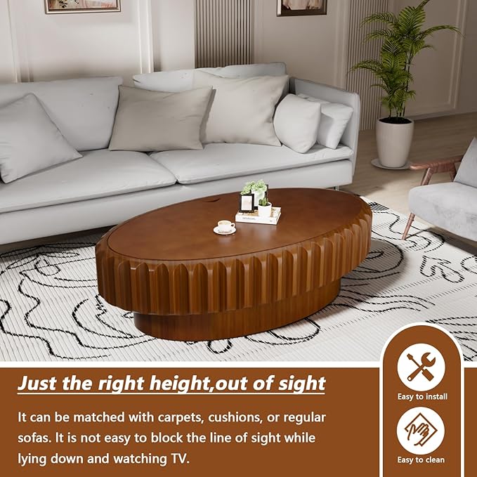 43.3" Oval Drum Coffee Table with Storage Modern Unique Fluted Tea Table Contemporary Wood Oval Coffee Table Centr Table for Living Room Apartment (brown-43.3in)