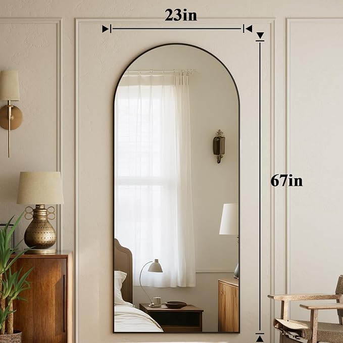 Full Length Mirror 67"x23" - Arched Floor Mirror with Aluminum Frame,Standing Body Mirror Leaning Hanging for Bedroom Cloakroom Living Room Black