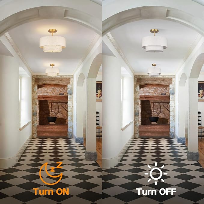 18 Inch Large Semi Flush Mount Ceiling Light Fixture with Dual Drum Design, Gold Farmhouse Fabric Linen Shade for Bedroom, Living Room, Kitchen, and Dining - Modern Chandelier Lamp