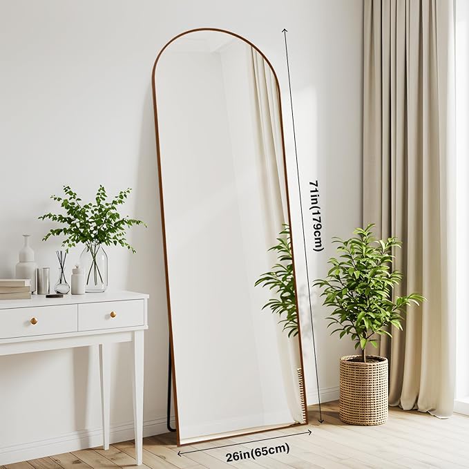 Arched 26x71 Inch Full Length Mirrors Aluminium Frame in Retro Reddish Brown Wood Looking Free Standing Floor Mirror Full Body Wall Mounted for Bedroom Living Room and Hallway