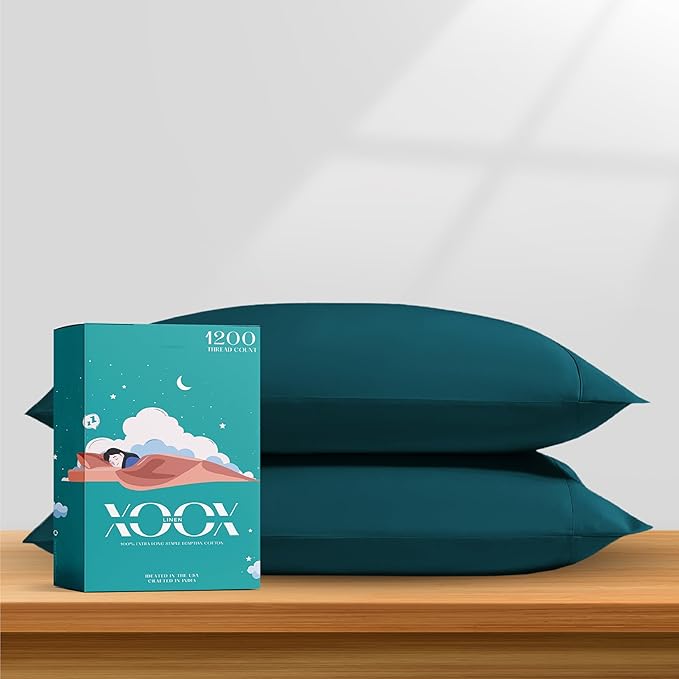 XOOX Linen 100% Egyptian Cotton Pillow Cases King Size Set of 2 - Luxury 1200 Thread Count Sateen Teal Pillow Covers, Soft & Breathable 5 Star Hotel-Quality Pillowcases, Fits King Size Pillows