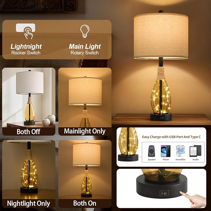 OYEARS 23" Table Lamps for Living Room Set of 2 Bedside Lamps for Night Stands Bedroom Lamps Farmhouse Rattan Boho Lamp Glass Nightlight End Table Lamp,Two Light Points