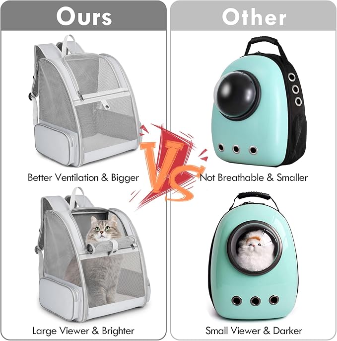 Cat Backpack Carrier, Large Pet Carrier Backpack with Kitten Wand Feather Toy for Medium Small Dog Cat Puppy Kitty Bunny up to 15lbs, Ventilated Mesh Kitten Bookbag for Travel Walking Outdoor (Grey)