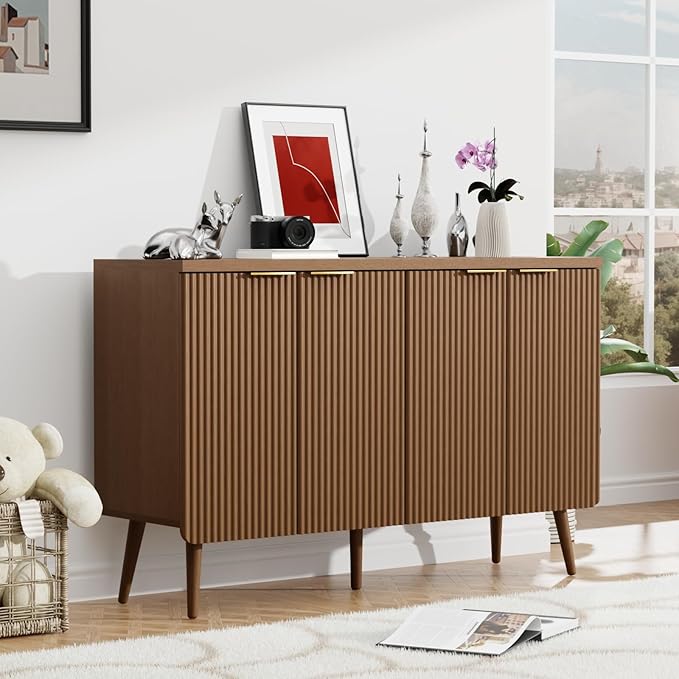 4-Door Fluted Sideboard Buffet Cabinet, 47" Large Storage Cabinet with Shleves, Wood Modern Accent Credenza Kitchen Table for Dining Room, Living Room & Entryway, Walnut