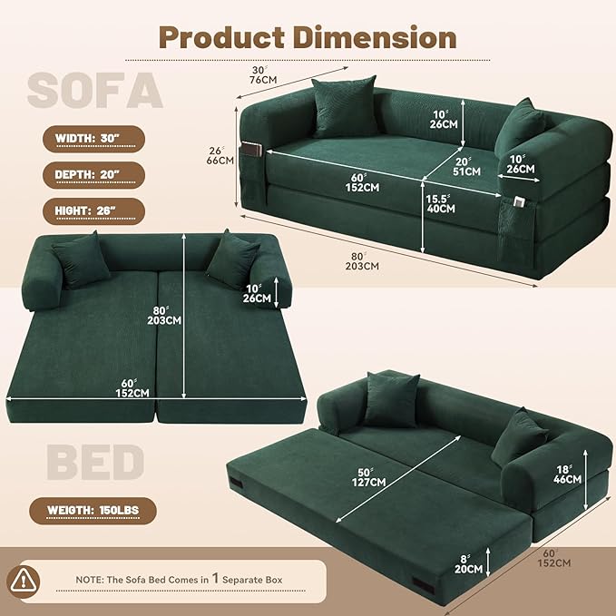 Convertible Folding Sofa Bed,80" Pull Out Couch with Pillows & Storage Pocket,Modular Futon Bed Corduroy Queen Sleeper Sofa in a Box,Compression Boneless Couch for Living Room,Deep Green