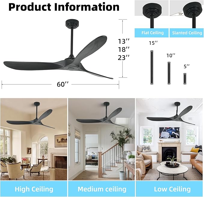 Outdoor Ceiling Fan Without Light, 60 Inch Smart Ceiling Fan with Remote & Voice Control for Alexa/Google, 3-Blade Wood Fan, Quiet DC Motor, 6 Speeds for Patio, Porch, Farmhouse, Black