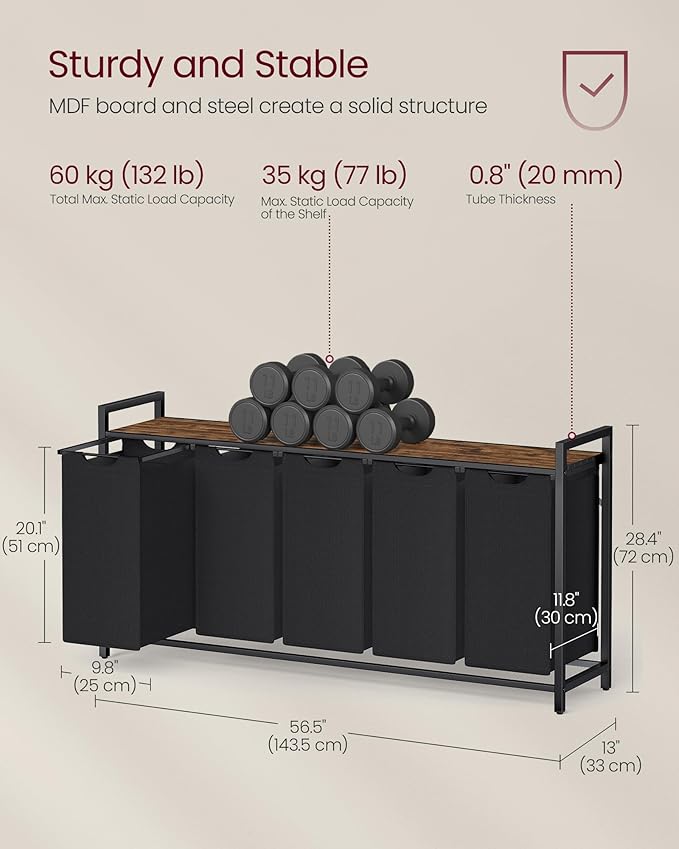 VASAGLE Laundry Hamper, Laundry Basket, Laundry Sorter with 5 Pull-Out and Removable Bags, Shelf, Metal Frame, 5 x 10.6 Gallons (40 L), 56.5 x 13 x 28.4 Inches, Ink Black and Rustic Brown UBLH501B01