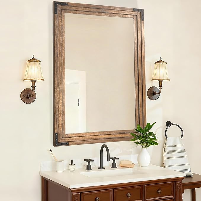 Full Length Mirror 40"x30" Solid Wood Frame Floor Standing Mirror, Hanging or Leaning Wall-Mounted for Living Room, Bedroom, Oak Color