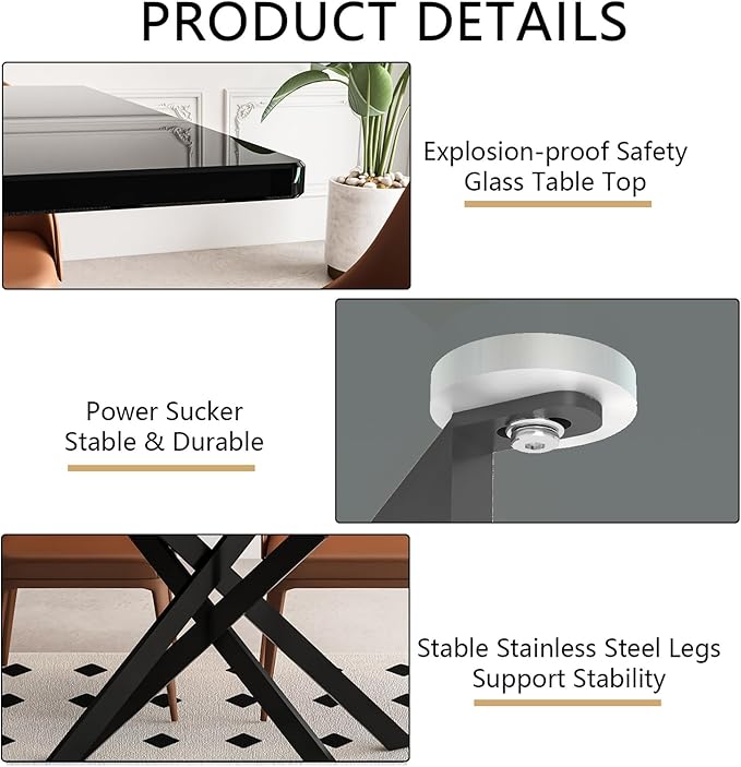 51" Rectangular Glass Dining Room Table for 4 with Tempered Glass Top and Black Metal Legs, Modern Black Kitchen and Dinner Table for Home Office Dining Room