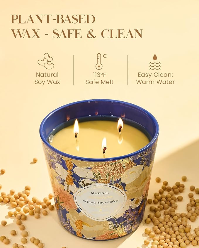 M&SENSE Winter Snow Flake Scented Candle, 28.2oz 3 Wick Natural Soy Wax Large Candles, Long Lasting Clean Slow Burning No Toxic Décor for Home Relaxation, Romantic Dates & Gift-Giving