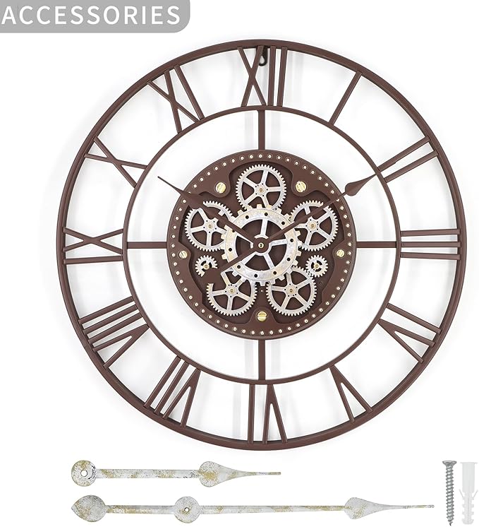 24 Inch Large Wall Clocks for Living Room Decor with Moving Gears,Large Wall Clock Industrial Steampunk,Oversized Metal Analog Wall Clocks for Farmhouse Home Battery Operated
