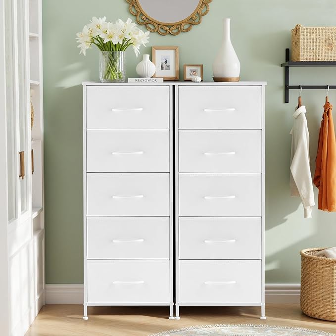 Nightstand, 5 Drawer Dresser End Table Bedside Furniture with Wooden Top Steel Frame Fabric Bins for Bedroom, Closet, Entryway, Dorm, Living Room, White