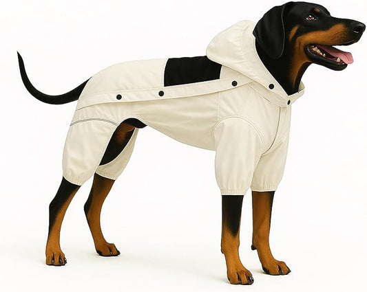 LOVELONGLONG Waterproof Dog Raincoat with Removable Hood – Outdoor Full Body Dog Jacket, Windproof Snowproof Shell Suit – All Season Pet Rain Gear Ivory XL