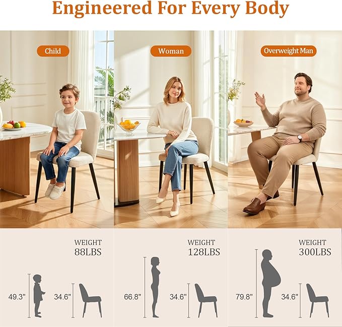 Upholstered Dining Chairs Set of 6, Mid Century Modern Fabric Dining Room Chair High-Back Padded Kitchen Chairs with Padded Seat and Metal Legs for Kitchen Dining Room Restaurant Cafe, Beige