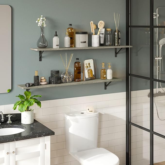 DINZI LVJ Long Wall Shelves, 47.3Inch Wall Mounted Shelves Set of 2, Extra Large Wall Storage Ledges with Sturdy Metal Brackets for Living Room, Bathroom, Bedroom, Kitchen, Grey Wash