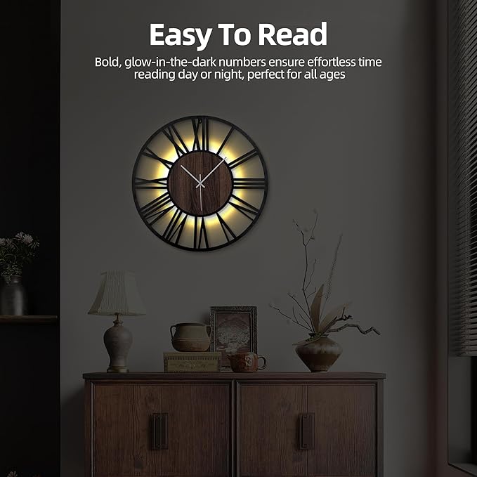 20 Inch Large Metal Wall Clock with Voice and Light Sensor Night Light, Glow in The Dark Non-Ticking Silent Battery Operated Decorative Oversized Wall Clock for Bedroom Living Room Decor