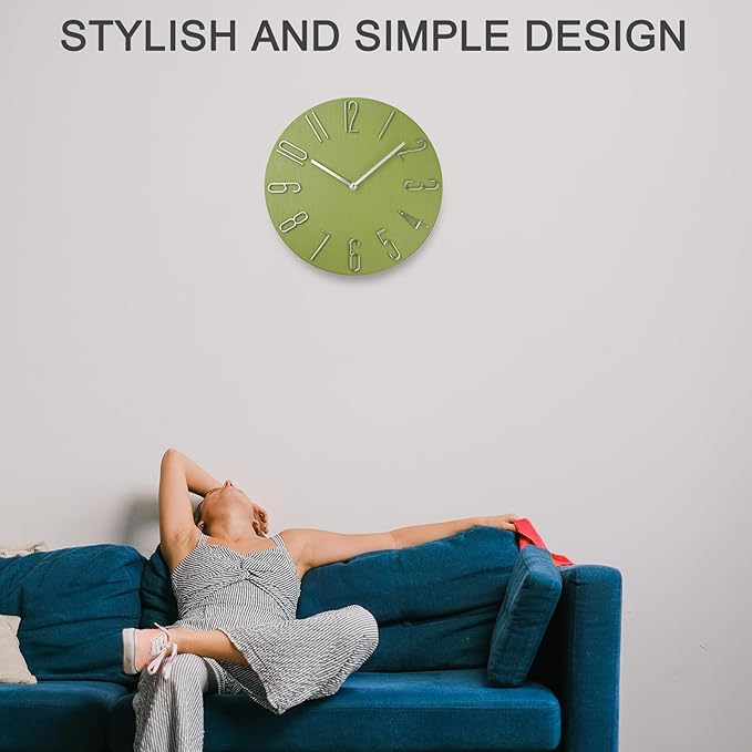 Wall Clock, Silent Clock, Wall Clocks Battery Operated， 12 inch Modern Wall Clock, Suitable for Offices, Living Rooms, Kitchens, Homes, Schools (Yellow Green Without Second Hand)