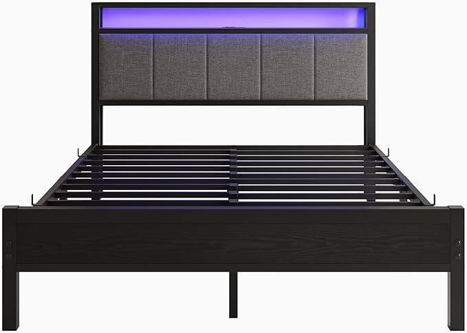 Queen Bed Frame with Headboard Storage,Upholstered Platform Bed Frame Queen Size with Charging Station and LED Lights No Box Spring Needed,Heavy Duty Steel Slats,Noise Free,Dark Grey