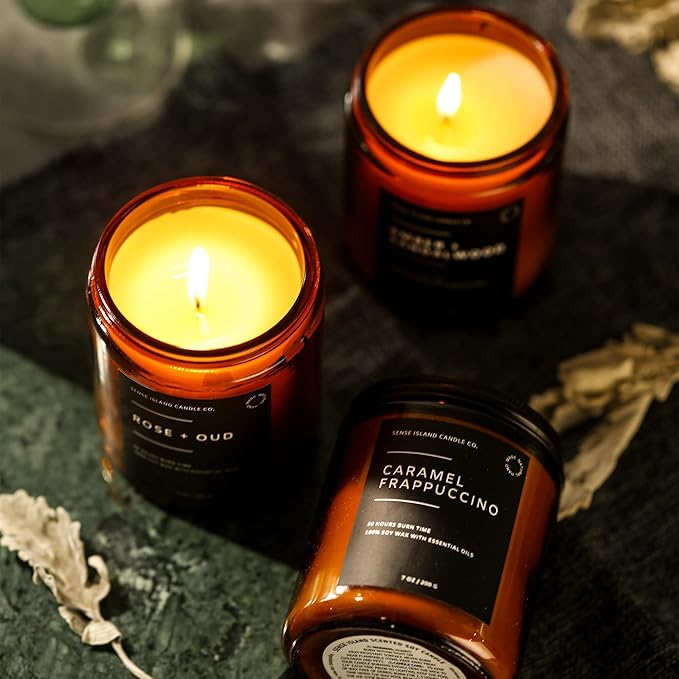SENSE ISLAND Amber Sandalwood Scented Candles for Men&Women | Natural Soy Candle 7oz, up to 50 Hrs Burn Time Upgraded Formula for Authentic Sandalwood Aroma