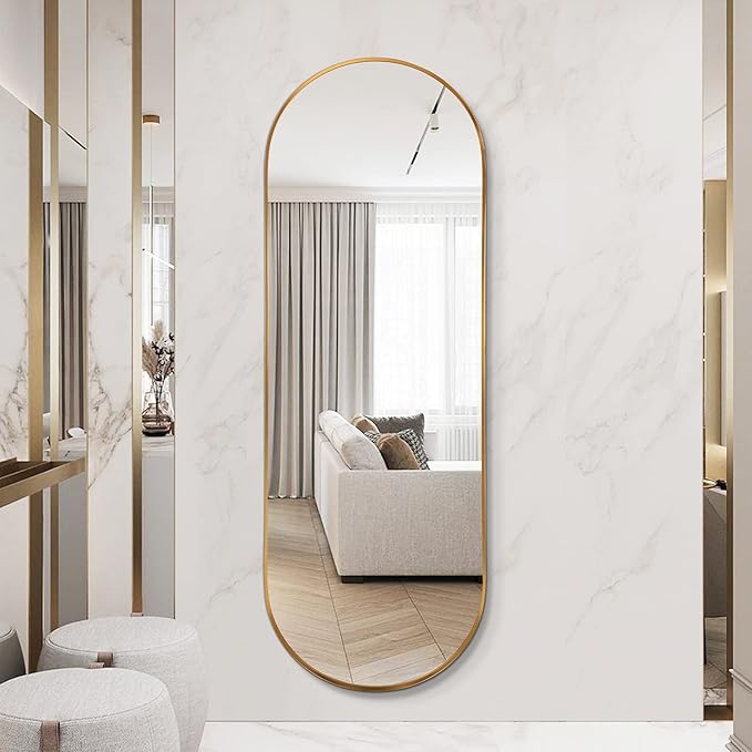 Oval Full Length Mirror, 65"×22" Wall-Mounted Floor Mirror with Metal Frame, Ultra-Clear Explosion-Proof Dressing Mirror, Simple and Classic Deco for Cloakroom/Bedroom/Living Room, Gold