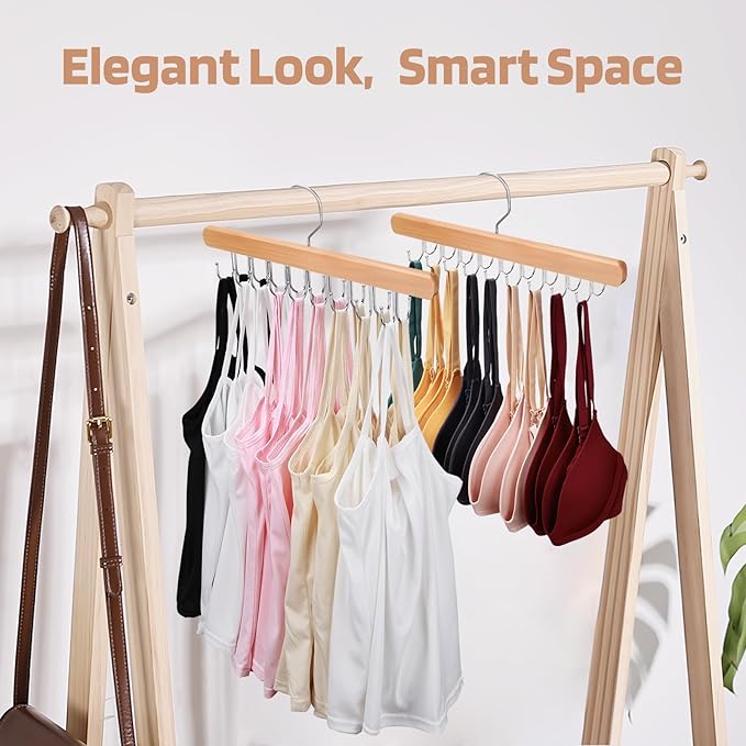 2 Pack Bra Hanger for Closet Organizer, Premium Wooden Tank Top Hangers with 36 Foldable Hooks, 360° Rotating Design, Space Saving Storage for Tank Tops, Bras, Scarves and More