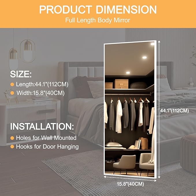 Hasipu Door Mirror Full Length, 44"x 16" Full Body Over The Door Hanging Wall Mounted Mirror for Bedroom, Living Room, Cloakroom, Square White