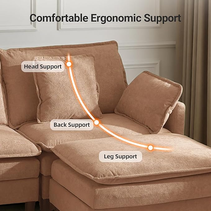 Claiks 110" Modular Sectional Sofa, Cloud Couch with Ottoman, U-Shaped 5-Seater Sofa in Chenille Fabric, Deep Seat Comfy Couch with Pillows for Living Room & Offices, Khaki
