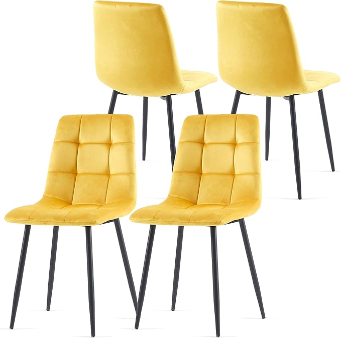 Velvet Dining Chairs Set of 4 - Yellow Dining Room Chairs with Metal Legs Ideal for Kitchen, Dining Room - Kitchen Chairs Set for 4