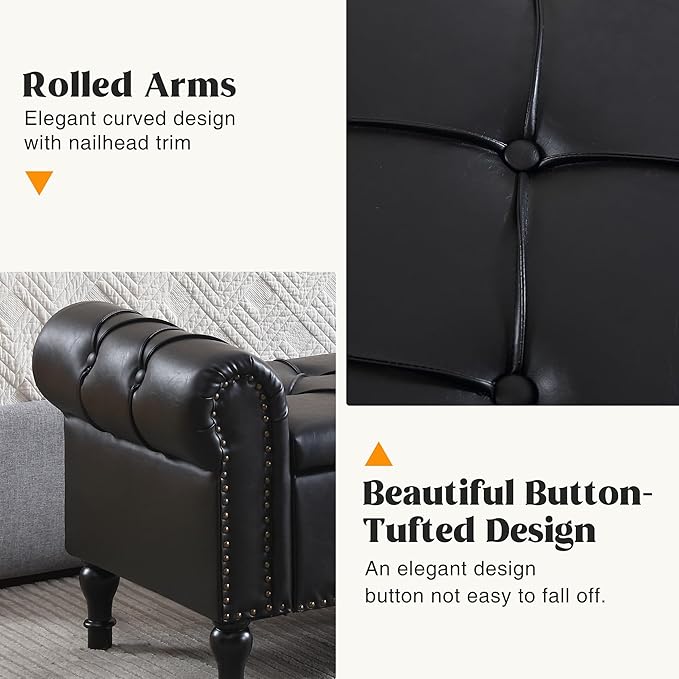 Leather Storage Bench 67 Inch Upholstered Tufted Ottoman Bench with Arms King Size End of Bed Bench for Bedroom Living Room Entryway Black
