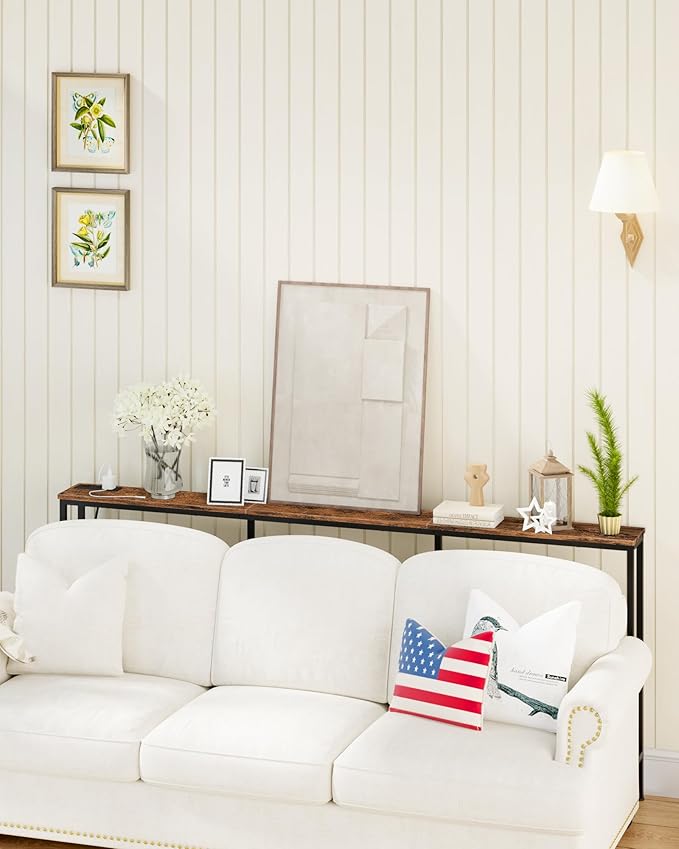 70.9" Narrow Console Table with Power Outlet 7.1" Skinny Sofa Table, Long Behind Couch with Charging Station for Hallway, Living Room Rustic Brown and Black TXG18UBF