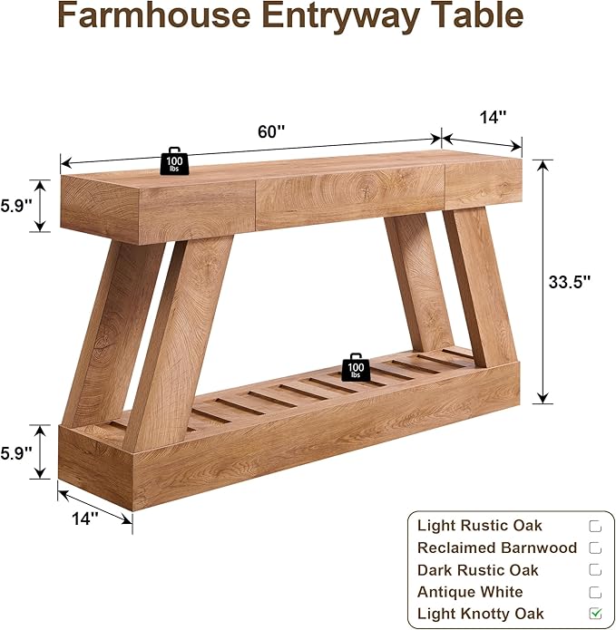 60" Farmhouse Entryway Table with Drawer, Wooden Hallway Foyer Table with Heavy Duty Base, Sofa Table for Living Room(Light Knotty Oak)