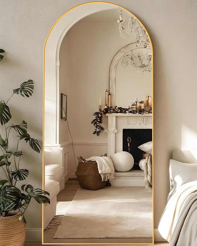 Full Length Mirror, 58"x19" Arched Floor Mirror Freestanding, Floor Standing Full Body Mirror with Stand for Bedroom, Hanging Mounted for Living Room Cloakroom, Gold
