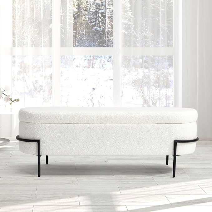 Sherpa Storage Ottoman Bench for Bedroom, White End of Bed Bench with Storage, Upholstered Boucle Storage Bench with Metal Stand and Hinges, Oval Ottoman for Living Room, 52 Inch