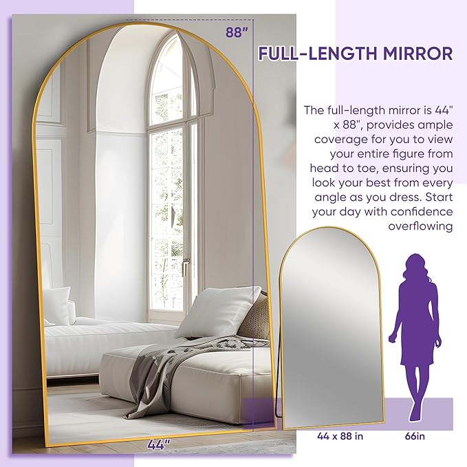 Full Length Mirror, 88"x44" Floor Mirror Freestanding, Oversized Floor Standing Mirror Full Body Mirrors with Stand for Bedroom, Hanging Mounted Mirrors for Living Room, Gold, Arched