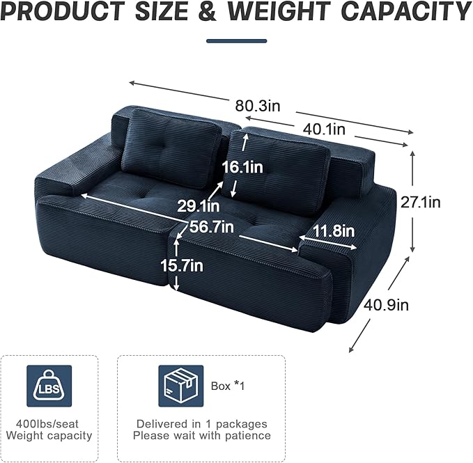 80'' Loveseat Sofa, 32D Foam Corduroy Boneless Couch with Pillow, Deep Seat Wide Arm Sectional Couch for Living Room, Small Spaces, Studio Apartment