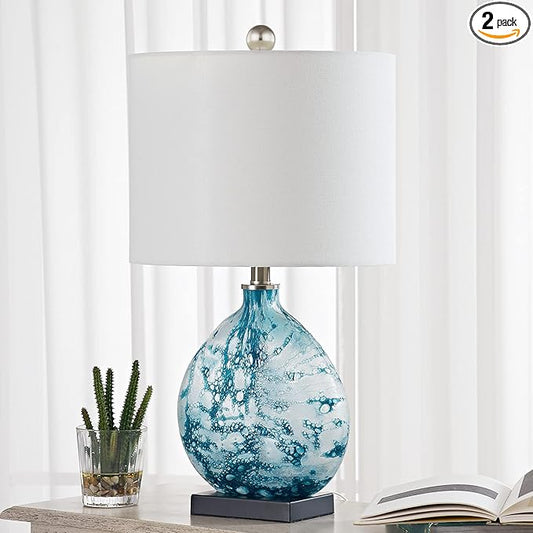 Maxax 24" Coastal Glass Table Lamp, 3-Way Dimmable Blue Glass Bedside Lamp with White Drum Shade for Living Room Bedroom Nightstand