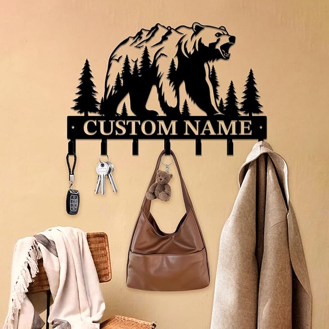 Personalized Custom Name Bear Key Wall Hooks,Metal Bear Keys Clothes Hooks,Metal Bear Wall Home Storage Decorative,For Front Door, Hallway, Kitchen, Bedroom,Keys,Hats (Style A)
