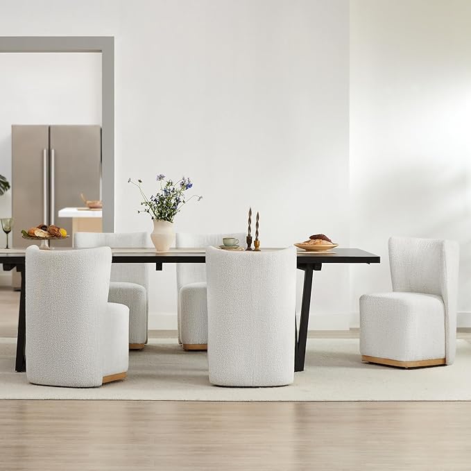 CHITA Upholstered Rolling Dining Chair on Casters Set of 4, FSC Certified Modern Curve Back Dining Chair with Casters, Boucle Dining Chairs for Reading Room Kitchen Dining Room, Pearl