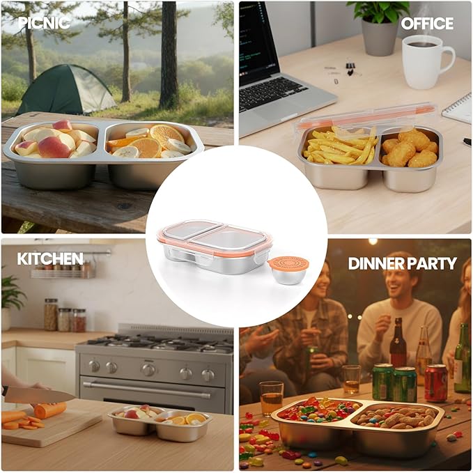 Snackle Box Container,Dishwasher,Reusable Snack Containers With Lids,2 Compartment Stainless Steel Snack Containers,Fruits, Snacks,Nuts,Salad,travel,800ML,White&Orange,1 Pack