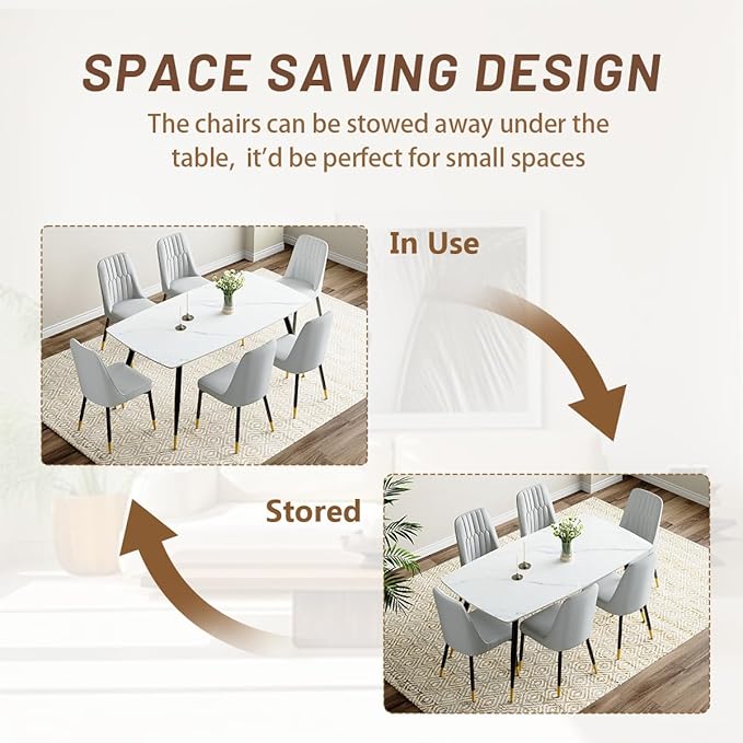 7 Piece Modern Dining Set, 62'' Sintered Stone Dinner Table for 6, 6 Chairs, Easy to Assemble