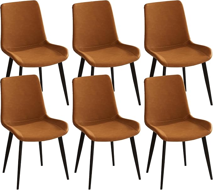 Dining Chairs with Comfortable Backrest and Sturdy Metal Legs, Modern Upholstered PU Leather Kitchen & Office Chairs for Dining Room, Restaurant Or Living Room (Brown, 6-Set)